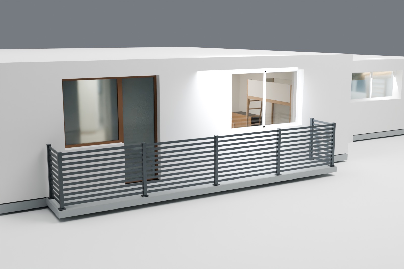 Blender view of the selected anthracite balcony railing with four equal front bays and two returns.