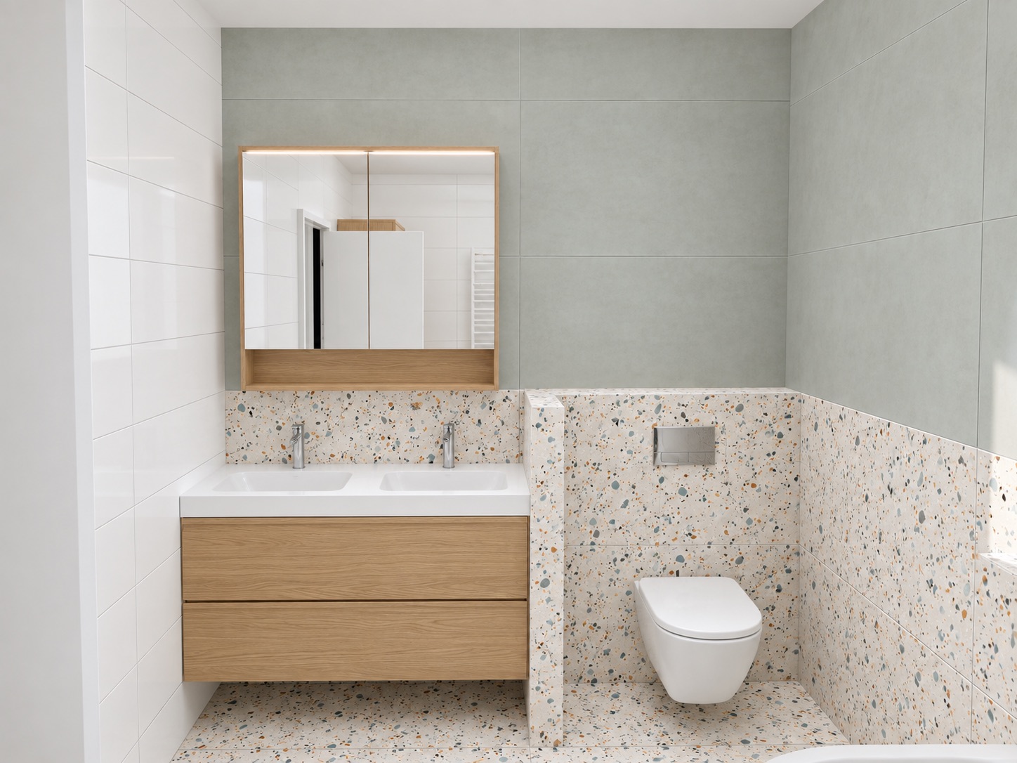 AI photographic interpretation of the bathroom with oak vanity, sage upper tiles and terrazzo lower surfaces.
