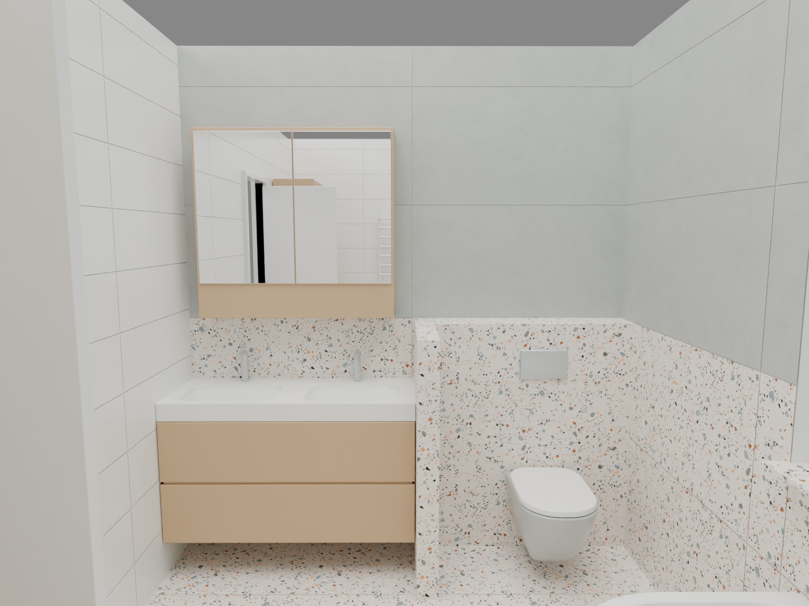 Blender bathroom view showing the fitted double vanity and continuous terrazzo divider and WC enclosure.