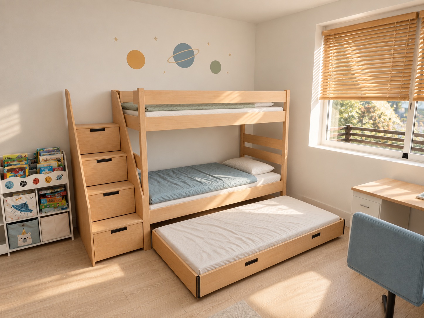 AI photographic interpretation of the same bedroom layout study, with warm wood, bedding and daylight.