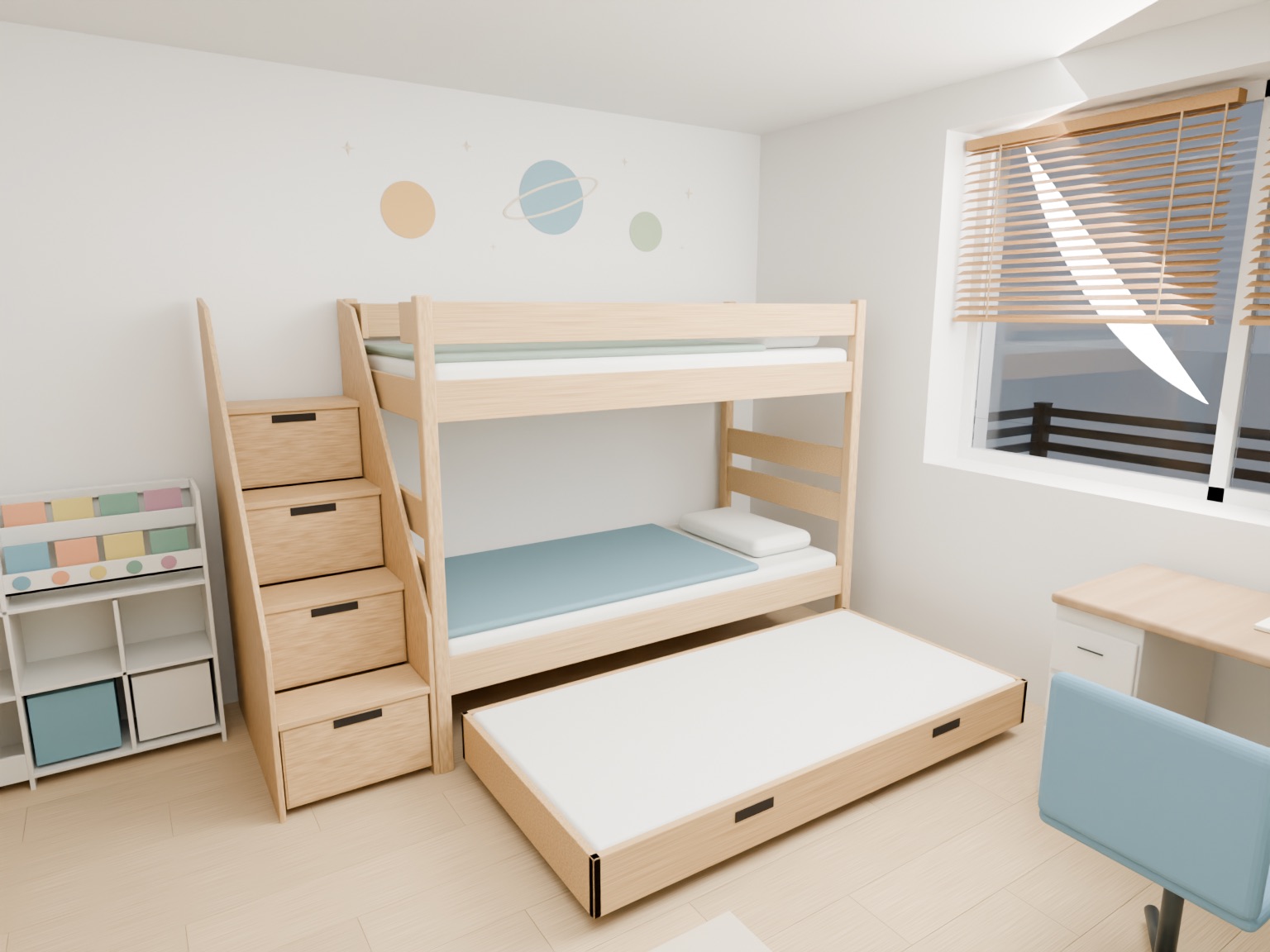 Blender render of the beech bunk, extended guest bed, wooden blinds and reused bookshelf.
