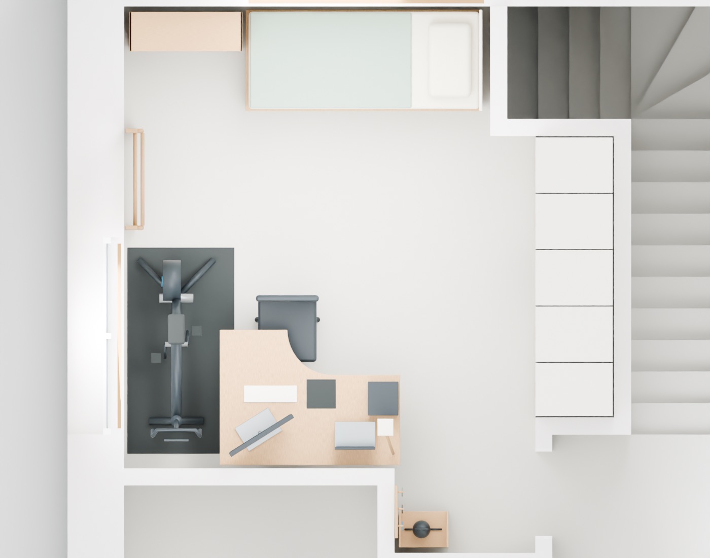 Overhead Blender view of the office with the existing L-shaped desk, cycling trainer, bed, wardrobe and open central floor.