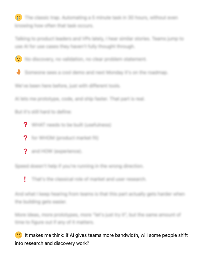 Blurred LinkedIn post example showing AI-style formatting patterns
