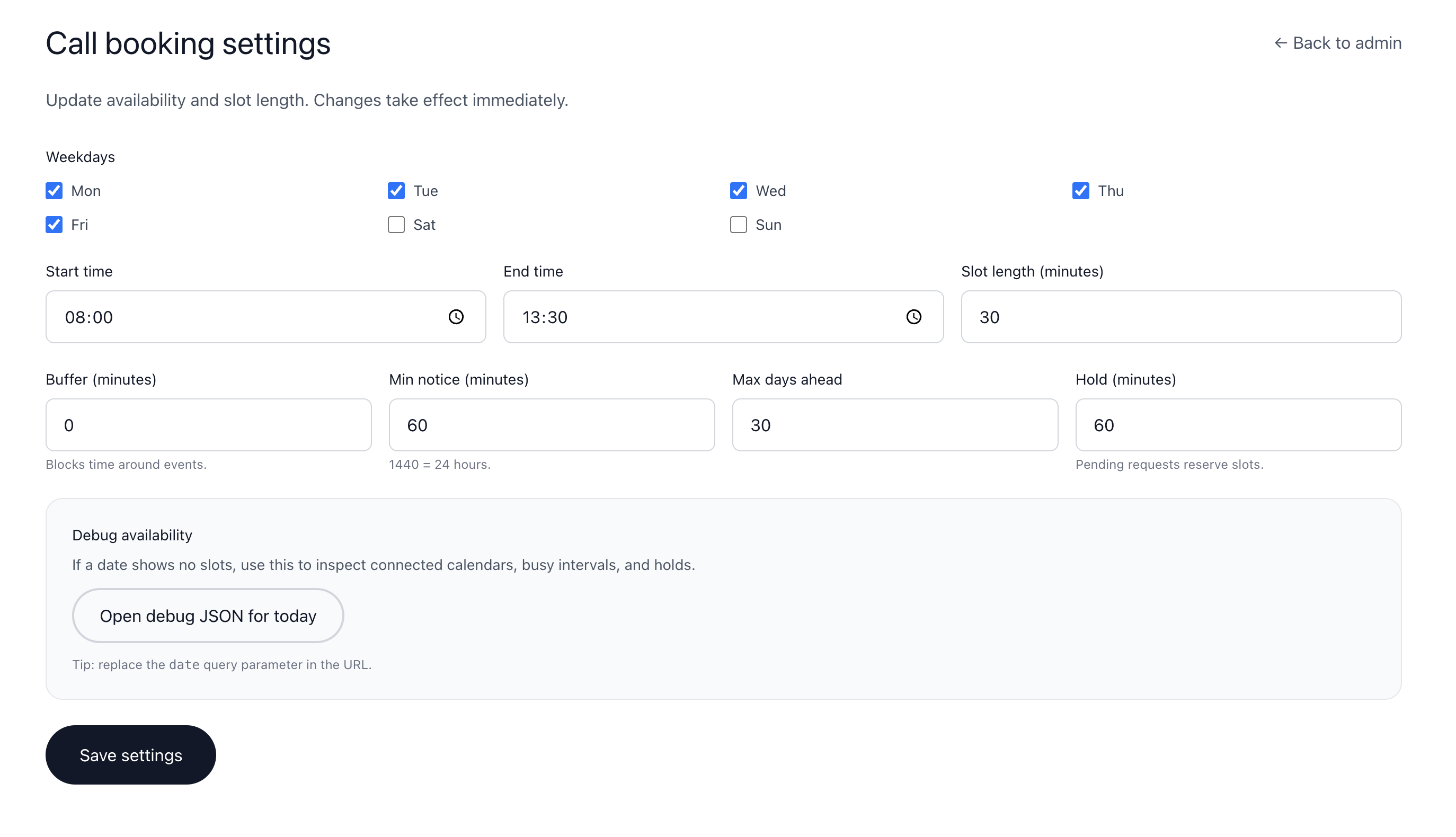 Admin page for booking settings with weekdays, times, slot length, and other controls