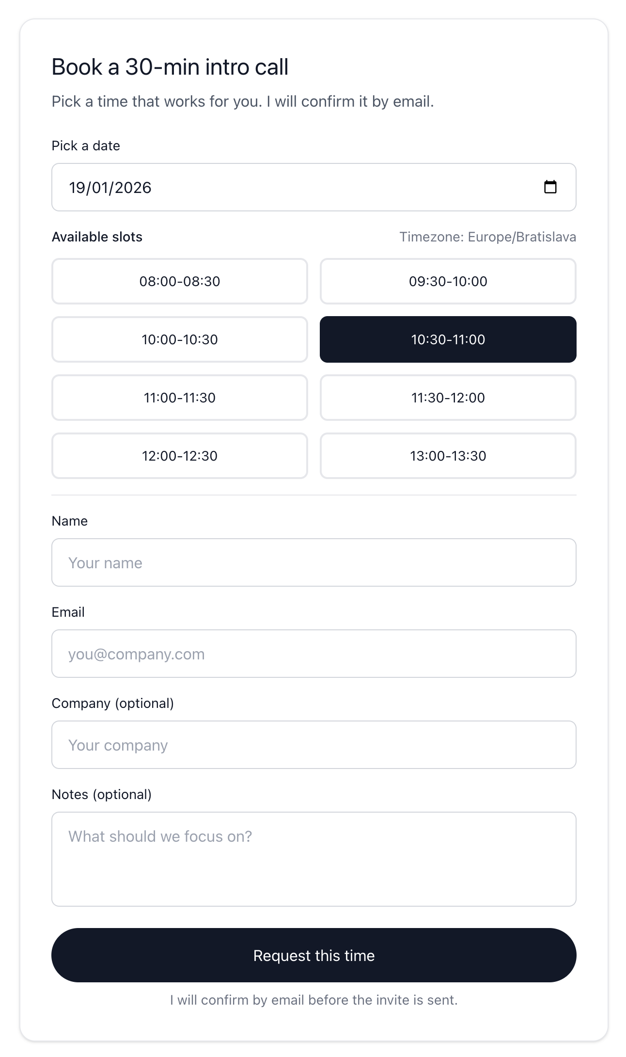 Call booking widget with date picker, time slots, and request form