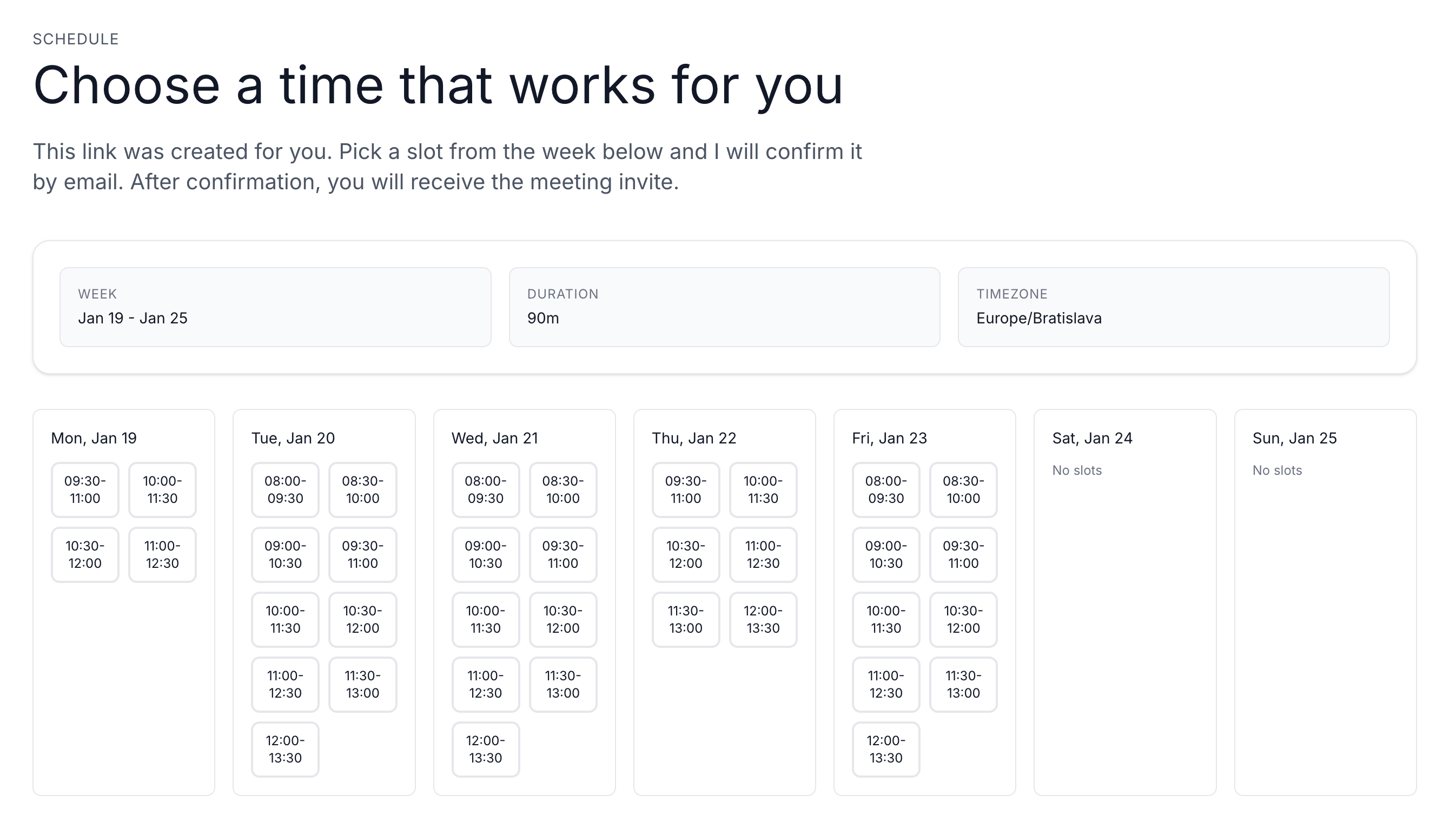 Customer weekly view showing available time slots across several days