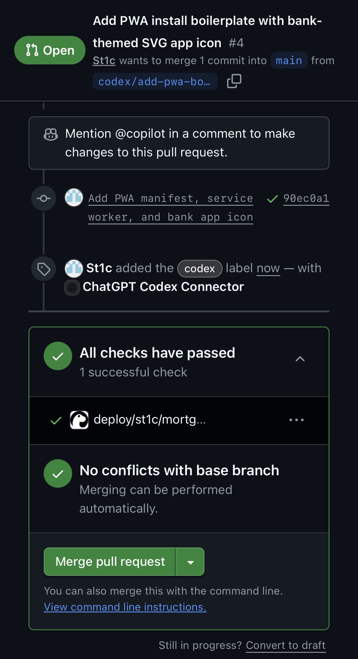 GitHub review flow for the mortgage app