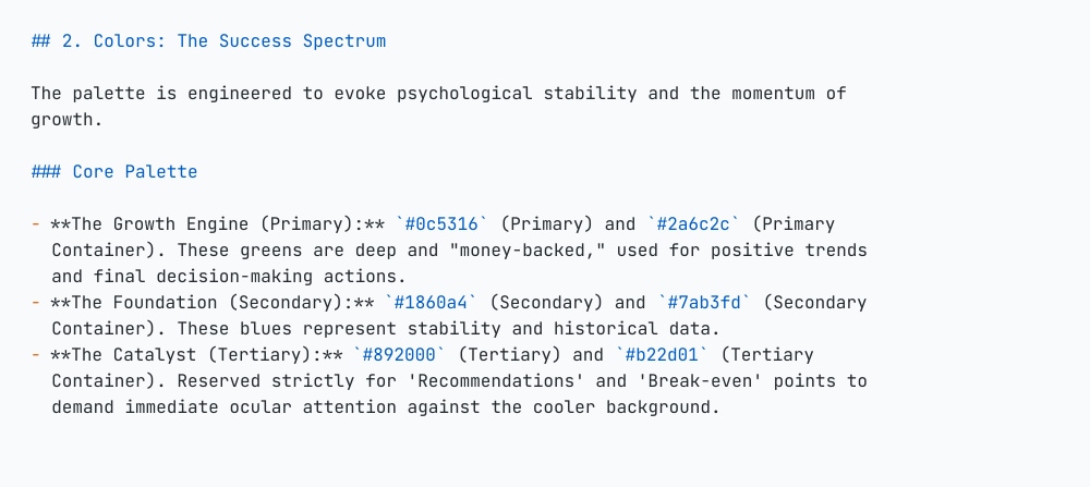Generated code image showing the color system section from DESIGN.md