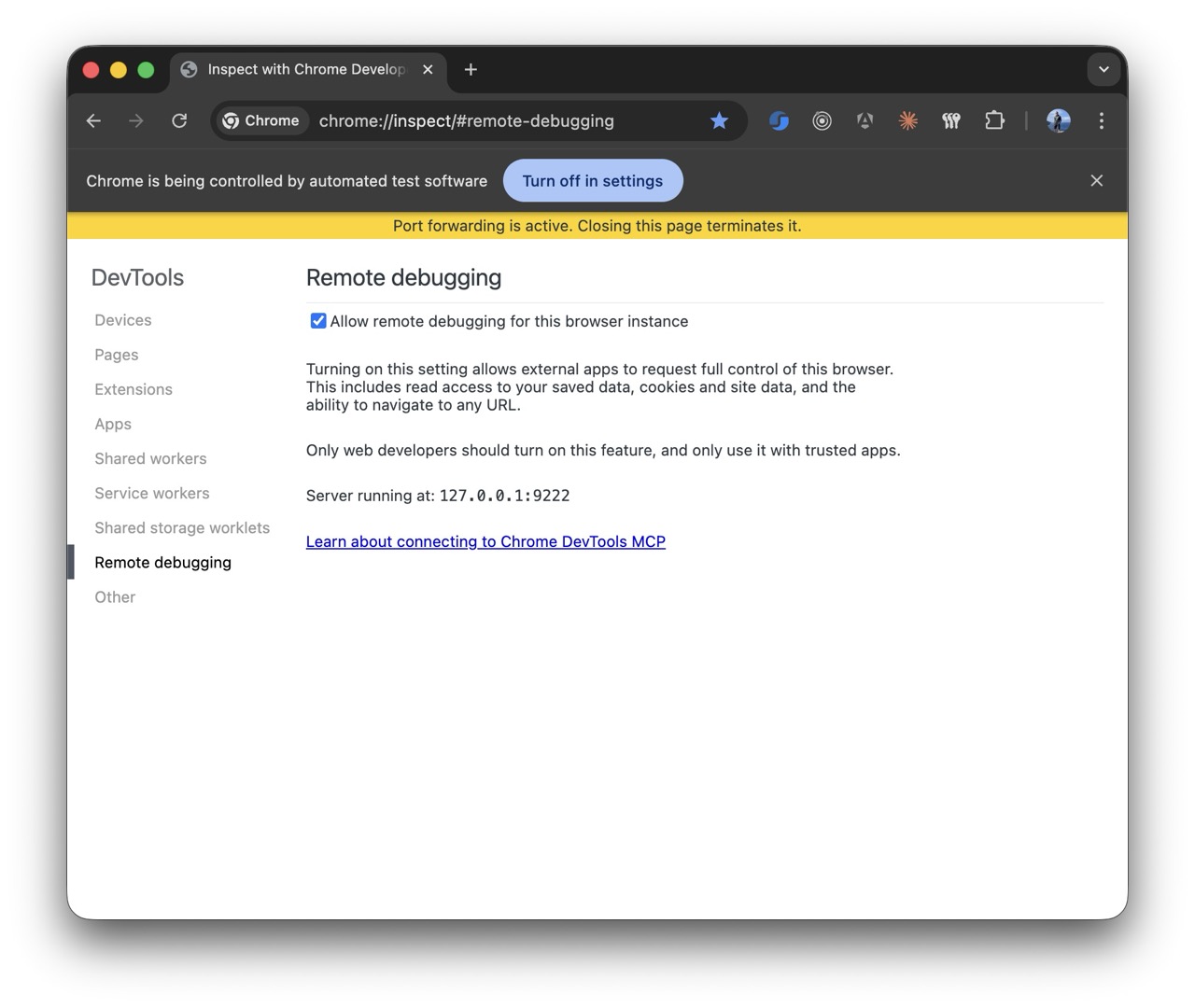 Chrome DevTools remote debugging connected to a local logged-in development session