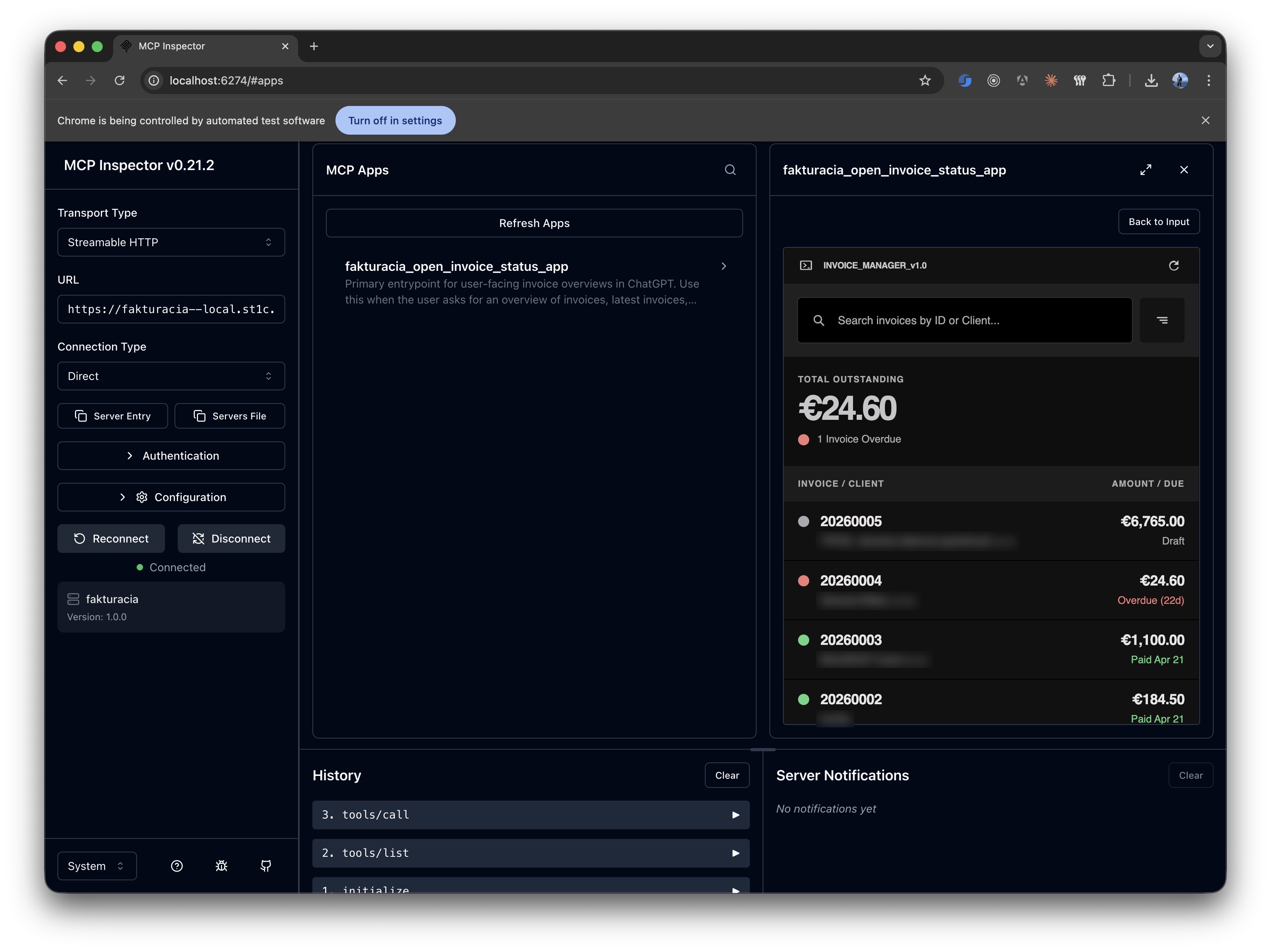 MCP Inspector rendering the Fakturacia invoice overview app