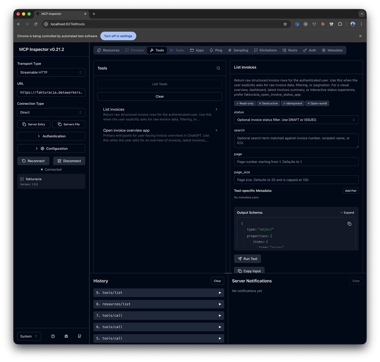 MCP Inspector showing the Fakturacia tools list and tool input schema