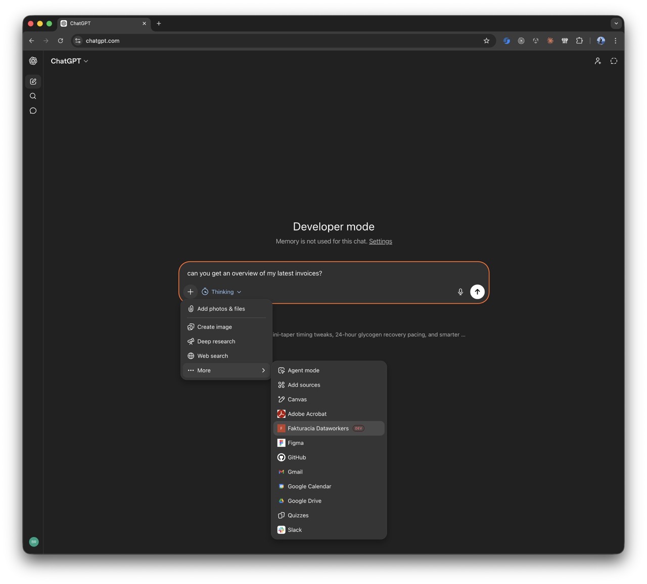 ChatGPT prompt asking for an overview of invoices with the MCP app available