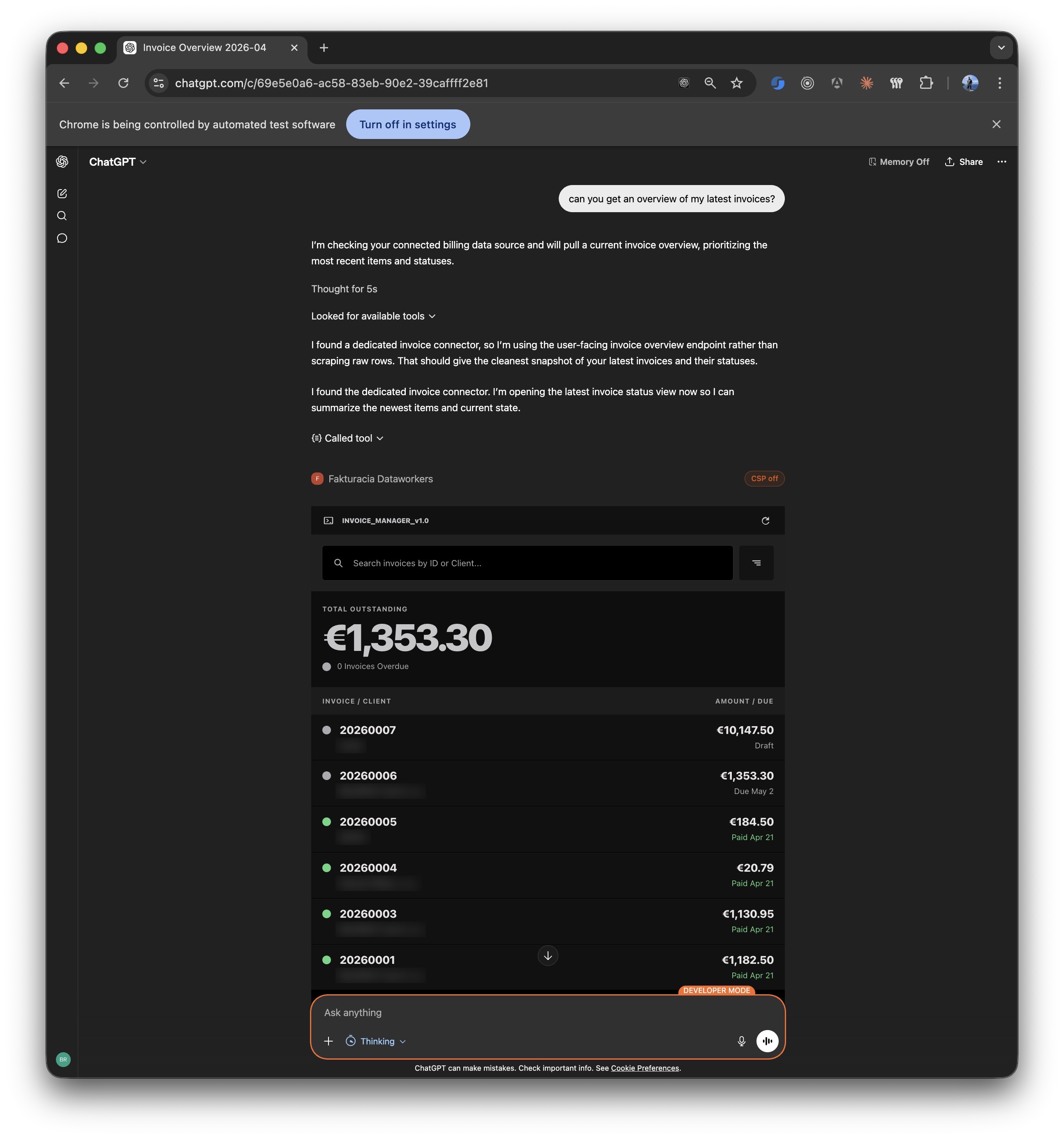 Rendered invoice overview app inside the chat after the MCP app tool ran