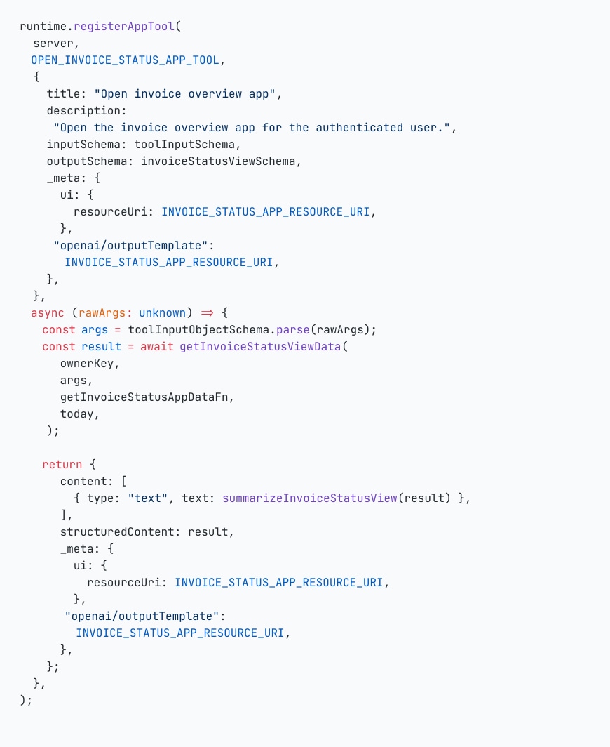 Code snippet showing the Fakturacia app tool registration with resourceUri and openai output template metadata
