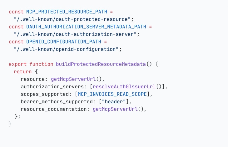 Code snippet showing MCP protected resource metadata and the well-known endpoint paths used by the Fakturacia server