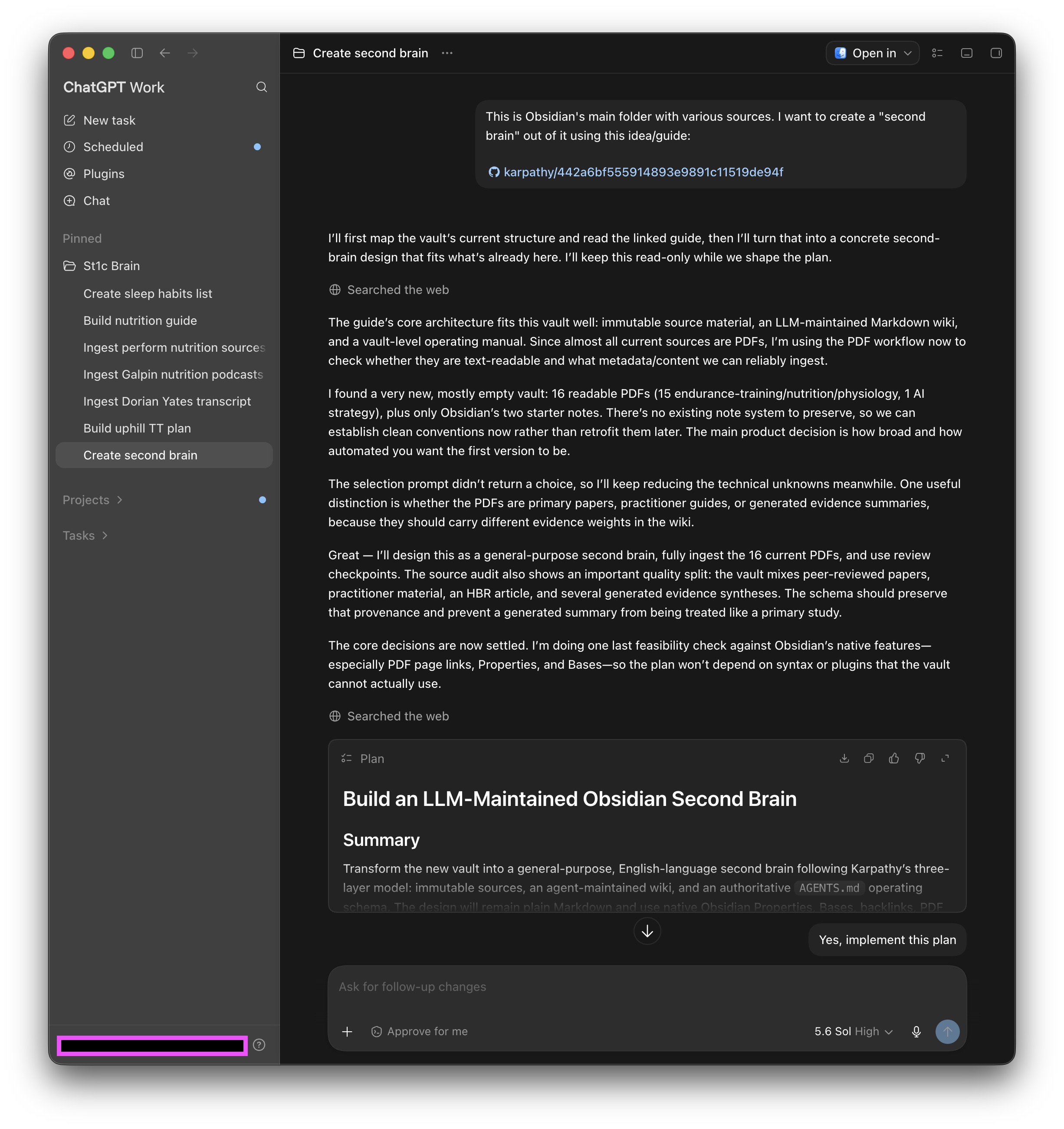 ChatGPT desktop app in Codex mode planning an LLM-maintained Obsidian second brain from Karpathy's llm-wiki idea