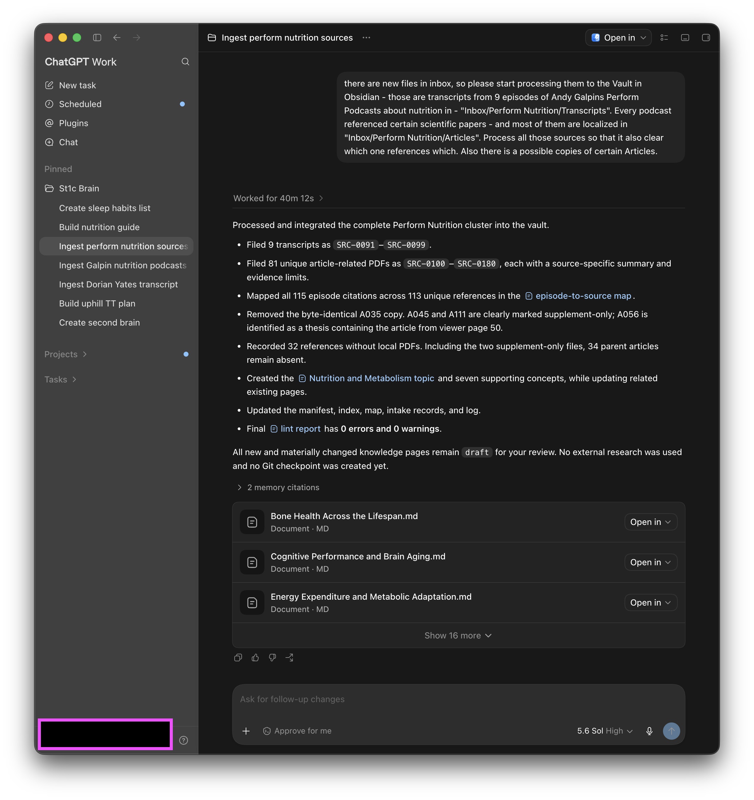 Codex result after processing nine nutrition podcast transcripts and related scientific papers into the Obsidian vault