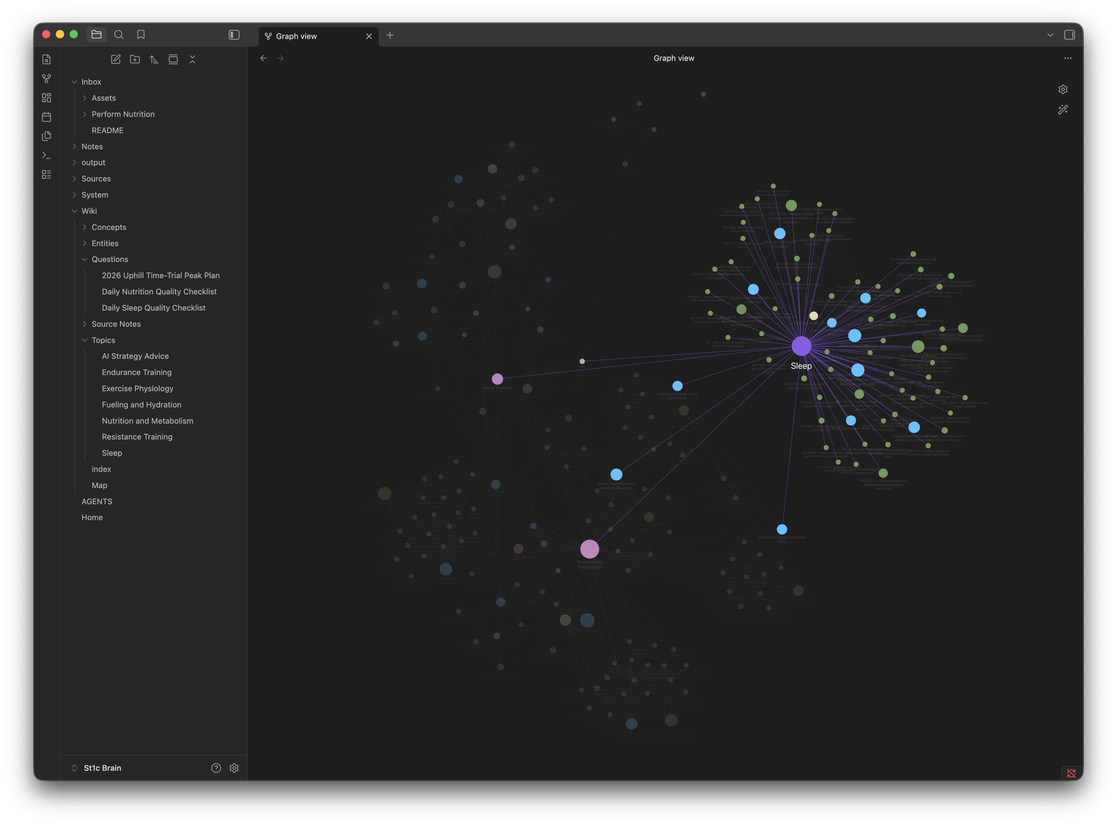 Obsidian graph view of the second brain with linked sleep, nutrition, training and evidence notes