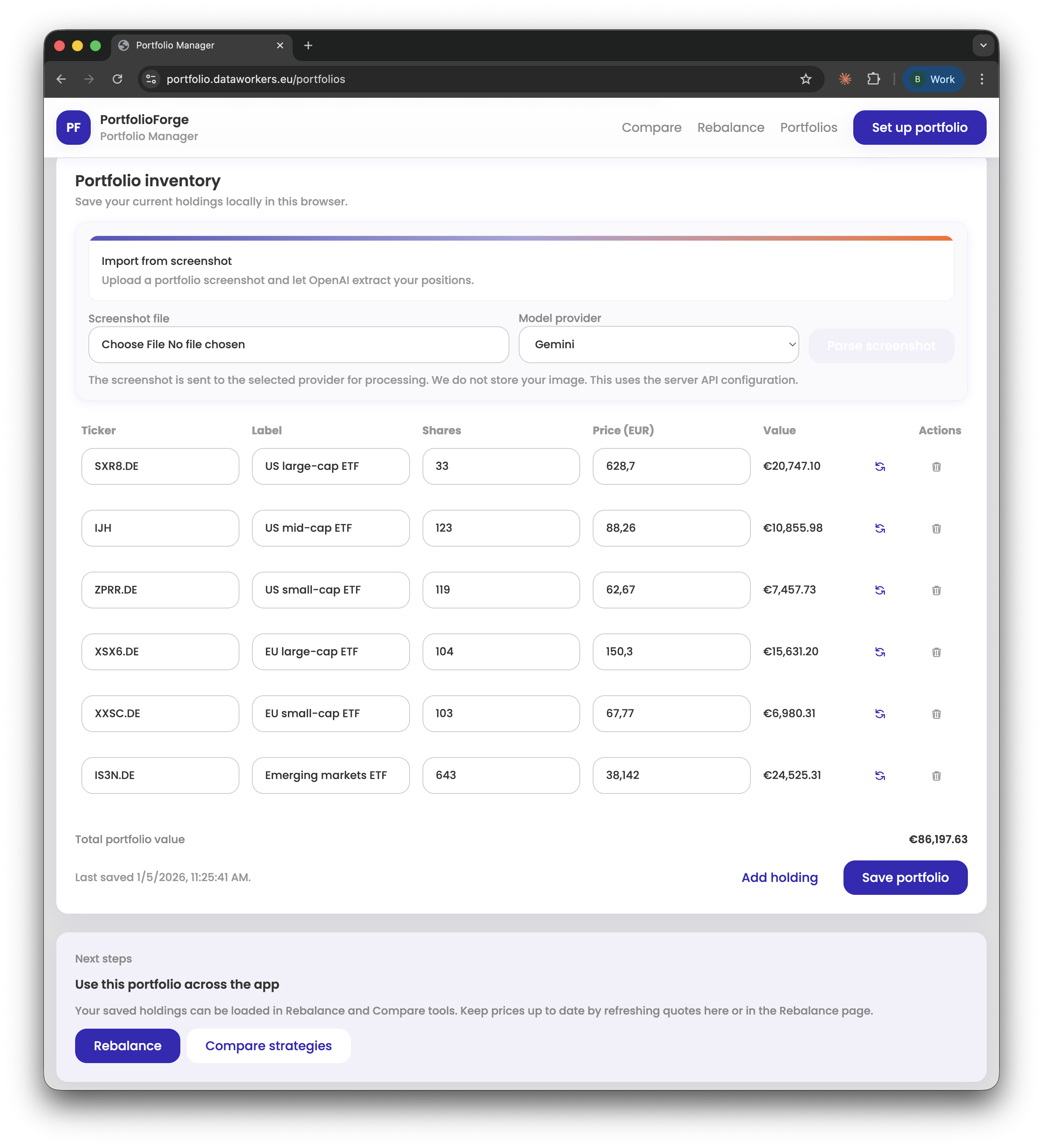Portfolio setup screen