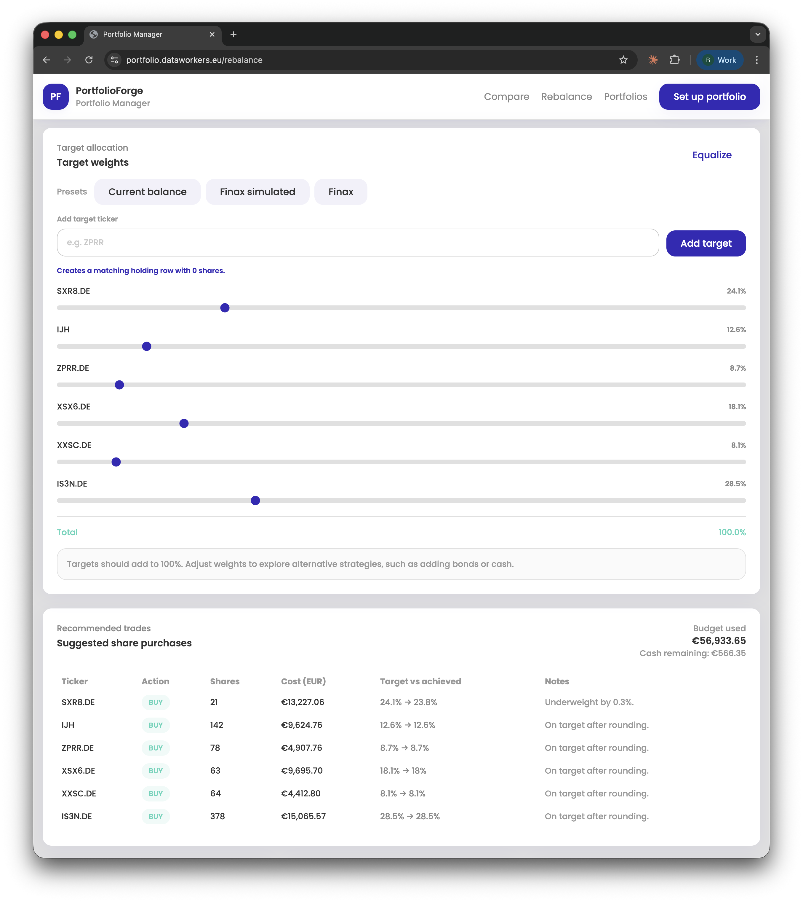Rebalancing planner screen